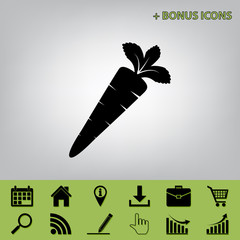 Carrot sign illustration. Vector. Black icon at gray background with bonus icons at celery ones