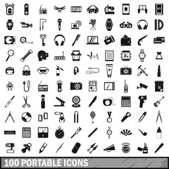100 portable icons set, simple style 