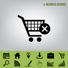 Shopping Cart with delete sign. Vector. Black icon at gray background with bonus icons at celery ones