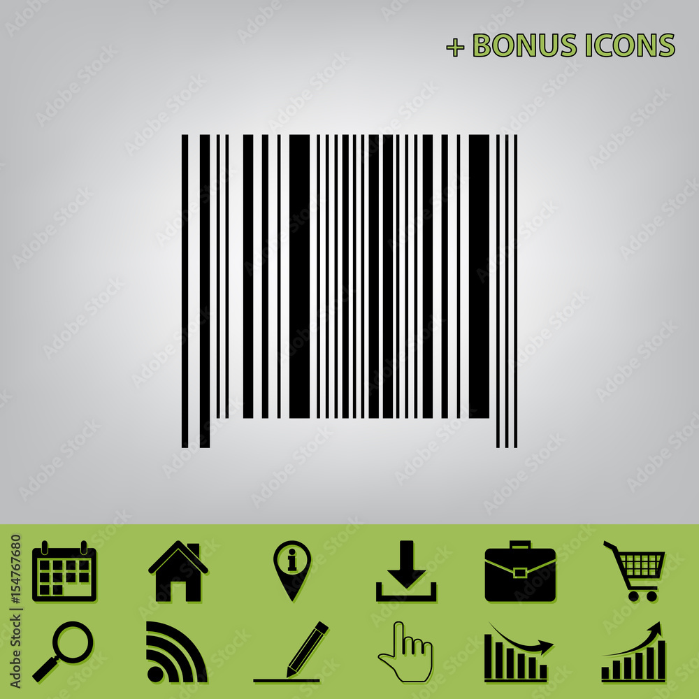 Poster bar code sign. vector. black icon at gray background with bonus icons at celery ones