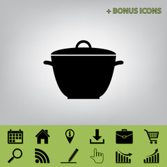 Saucepan simple sign. Vector. Black icon at gray background with bonus icons at celery ones