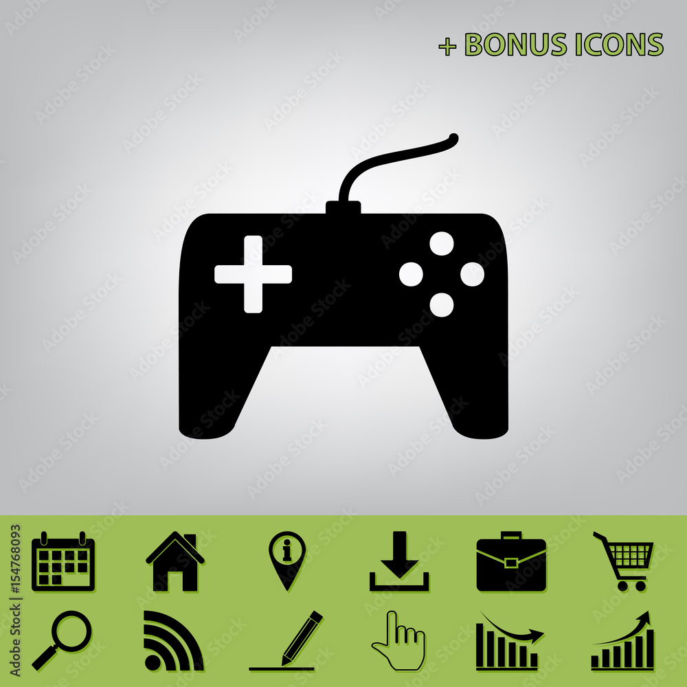 Poster joystick simple sign. vector. black icon at gray background with bonus icons at celery ones