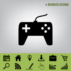Joystick simple sign. Vector. Black icon at gray background with bonus icons at celery ones