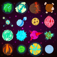 Fantastic color planets icons set, cartoon style
