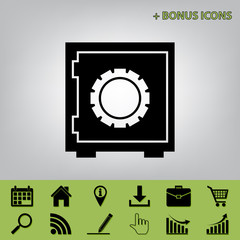 Safe sign illustration, crib, vault, lock box. Vector. Black icon at gray background with bonus icons at celery ones