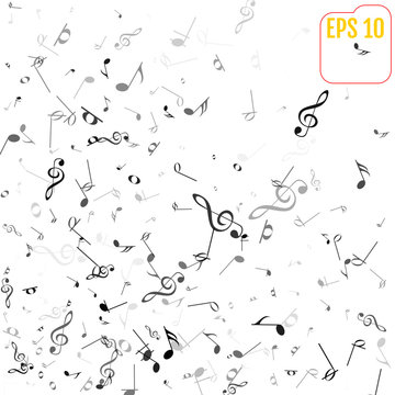 Vector Falling Notes Background. Frame of Treble Clefs, Bass Clefs and Musical Notes. Black Musical Symbols of Different Size on White Background