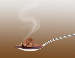 Coffee bean falls into a teaspoon with hot coffee. Concept image.