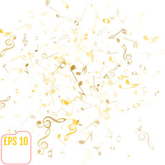 Vector Falling Notes Background. Frame of Treble Clefs, Bass Clefs and Musical Notes. Gold Musical Symbols of Different Size on White Background