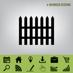 Fence simple sign. Vector. Black icon at gray background with bonus icons at celery ones