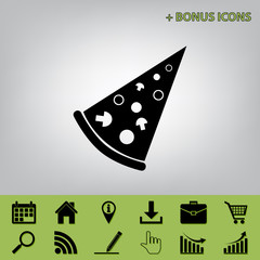Pizza simple sign. Vector. Black icon at gray background with bonus icons at celery ones