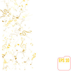 Vector Falling Notes Background. Frame of Treble Clefs, Bass Clefs and Musical Notes. Gold Musical Symbols of Different Size on White Background