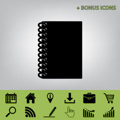 Notebook simple sign. Vector. Black icon at gray background with bonus icons at celery ones