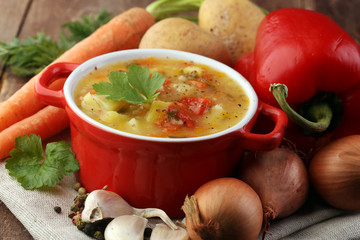 Barley and vegetable thick healthy soup. Krupnik thick Polish soup made from vegetable or broth, containing potatoes and barley groats
