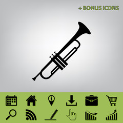 Musical instrument Trumpet sign. Vector. Black icon at gray background with bonus icons at celery ones