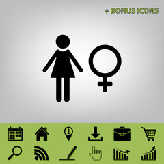 Female sign illustration. Vector. Black icon at gray background with bonus icons at celery ones