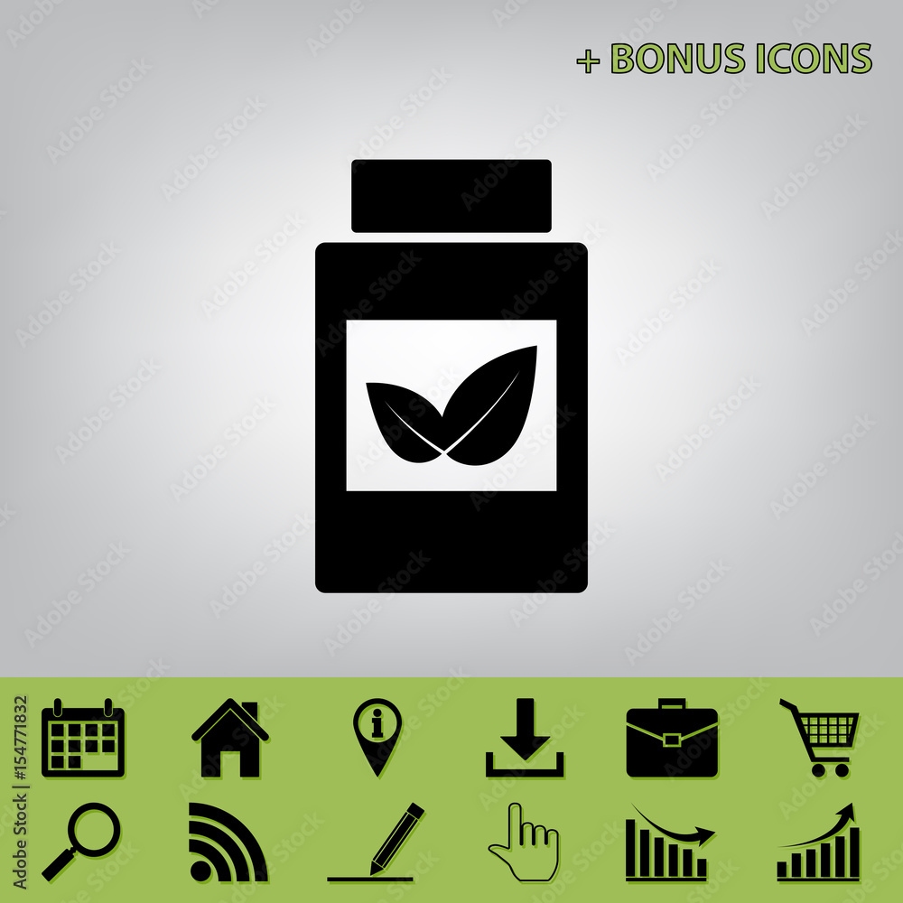 Poster supplements container sign. vector. black icon at gray background with bonus icons at celery ones
