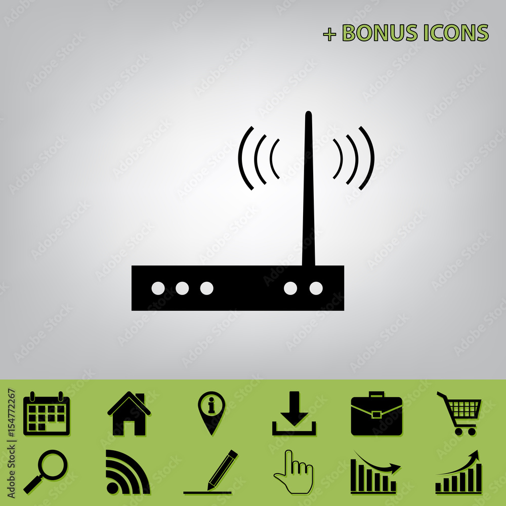 Poster wifi modem sign. vector. black icon at gray background with bonus icons at celery ones