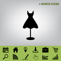Mannequin with dress sign. Vector. Black icon at gray background with bonus icons at celery ones