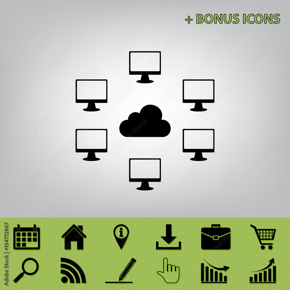 Poster computers nerk sign. vector. black icon at gray background with bonus icons at celery ones