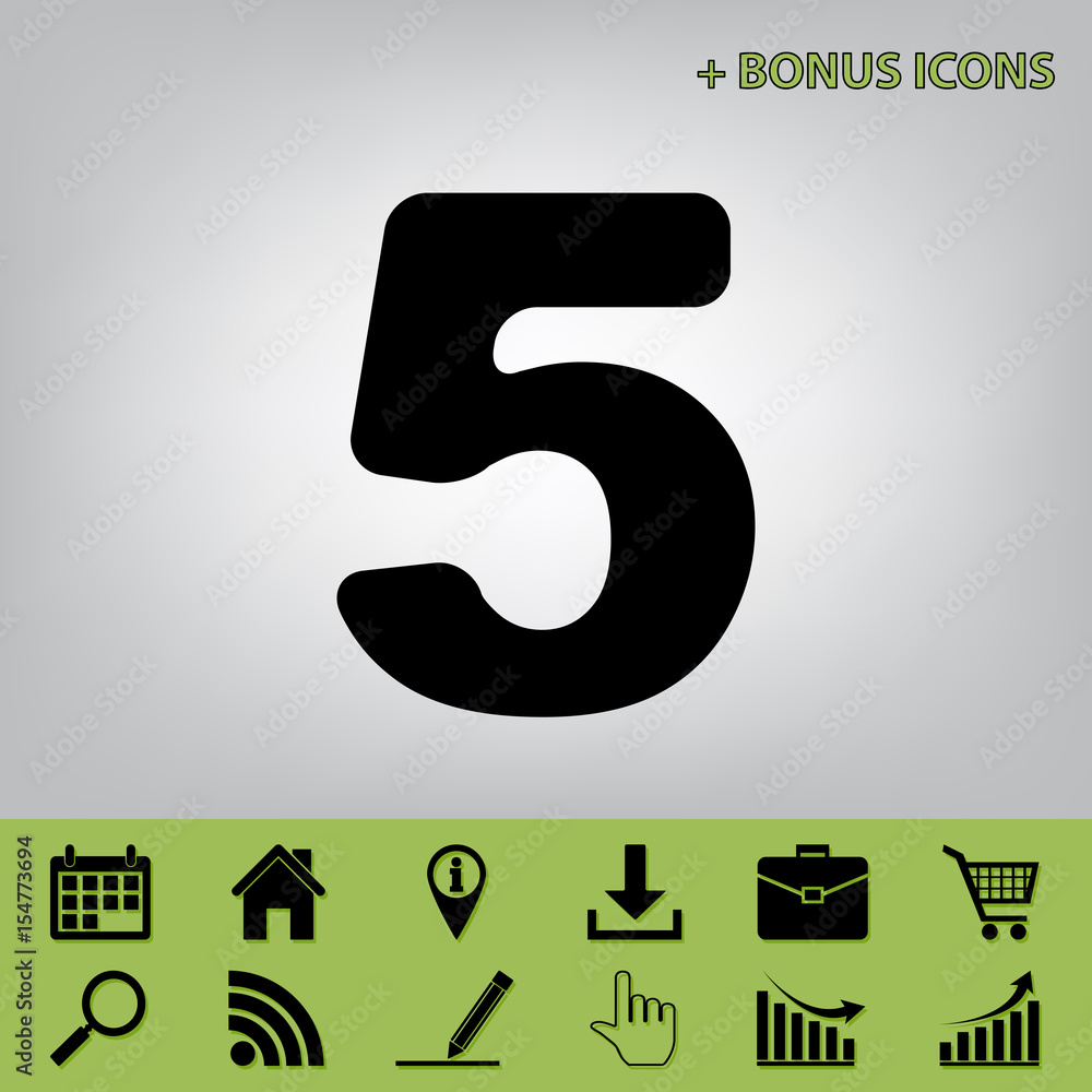 Poster number 5 sign design template element. vector. black icon at gray background with bonus icons at cel