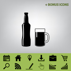 Beer bottle sign. Vector. Black icon at gray background with bonus icons at celery ones