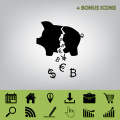 Pig money bank sign. Vector. Black icon at gray background with bonus icons at celery ones