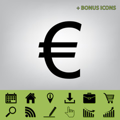 Euro sign. Vector. Black icon at gray background with bonus icons at celery ones