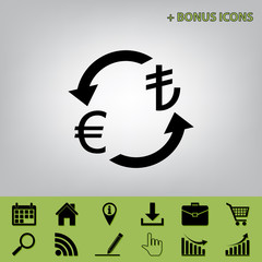Currency exchange sign. Euro and Turkey Lira. Vector. Black icon at gray background with bonus icons at celery ones