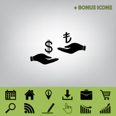 Currency exchange from hand to hand. Dollar and Turkey Lira. Vector. Black icon at gray background with bonus icons at celery ones