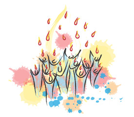 Naklejka premium Pentecost - descent of the Holy Spirit in form of tongues of fire, with symbolic people or apostoles. Abstract artistic modern digital watercolor style illustration made without reference image.