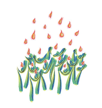 Pentecost - descent of the Holy Spirit in form of tongues of fire, with symbolic people or apostoles. Abstract artistic modern digital watercolor style illustration made without reference image.