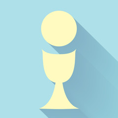 Eucharist symbol with chalice and host, first communion flat design abstract simple logo vector illustration, on a light blue background.