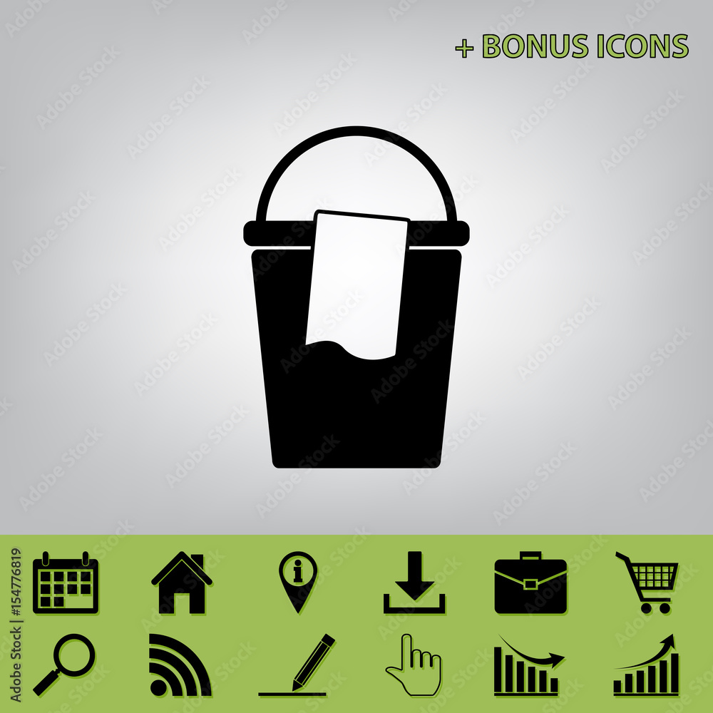Poster bucket and a rag sign. vector. black icon at gray background with bonus icons at celery ones