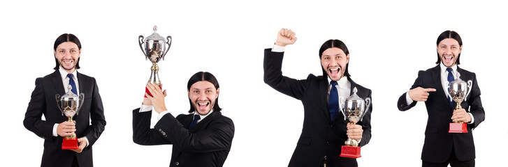 Businessman awarded with prize cup isolated on white