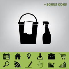 Bucket and a rag with Household chemical bottles. Vector. Black icon at gray background with bonus icons at celery ones