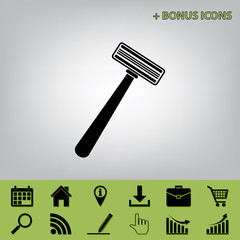 Safety razor sign. Vector. Black icon at gray background with bonus icons at celery ones