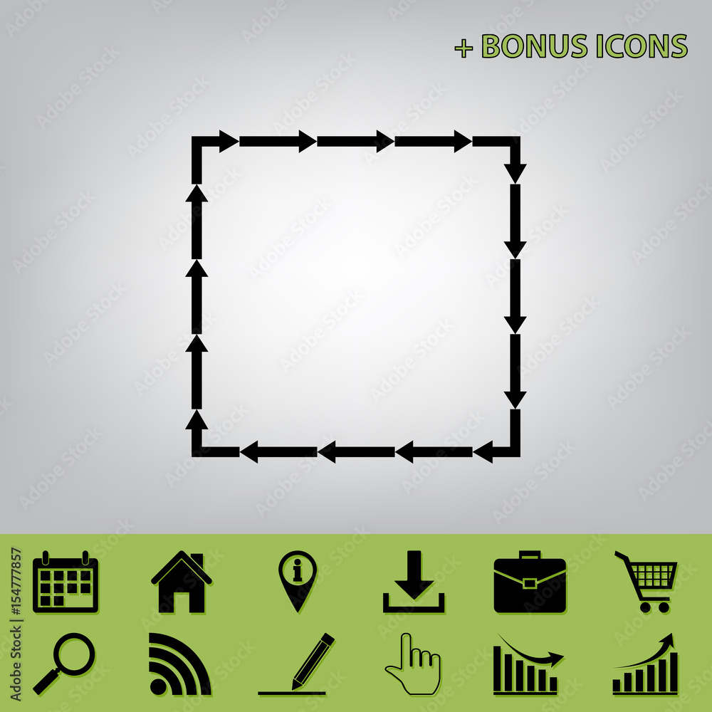 Poster arrow on a square shape. vector. black icon at gray background with bonus icons at celery ones