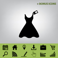 Woman dress sign with tag. Vector. Black icon at gray background with bonus icons at celery ones