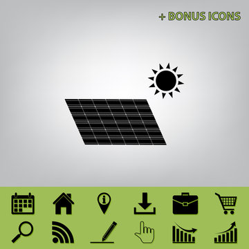 Solar energy panel. Eco trend concept sign. Vector. Black icon at gray background with bonus icons at celery ones