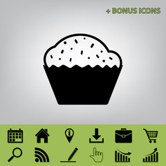 Cupcake sign. Vector. Black icon at gray background with bonus icons at celery ones
