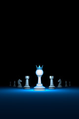 The strong leader. Prompt career (big success).Vertical of authority (chess metaphor). 3D render illustration. Free space for text.