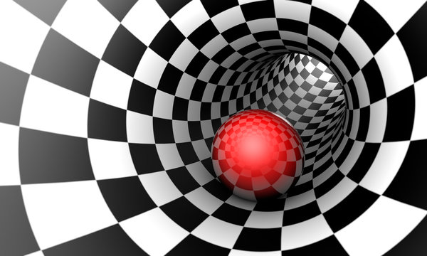 Czerwona piłka w tunelu szachowym. Określenie z góry. Przestrzeń i czas. Ilustracja 3D.