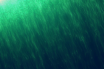 Green abstract sparkles or glitter lights. Festive background. Defocused circles bokeh or particles. Template for design