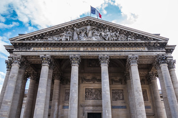 Detail on front facade of Pantheon. Latin Quarter. Paris, France