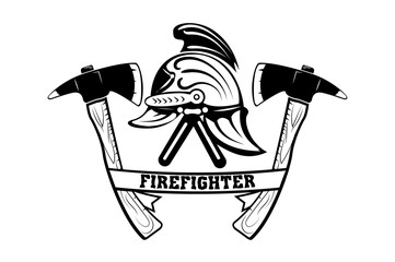 helmet of a firefighter. retro emblem of a firefighter. axes. monochrome style. Vector image