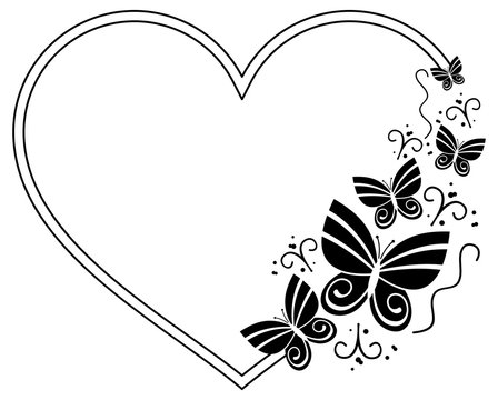 Heart shaped silhouette frame with butterflies. Vector clip art.