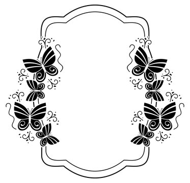 Black and white silhouette frame with butterflies. Vector clip art.