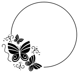Black and white silhouette round frame with butterflies. Vector clip art.