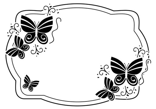 Black and white silhouette frame with butterflies. Vector clip art.