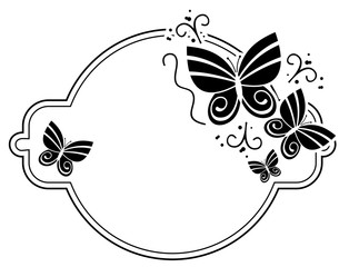 Black and white silhouette round frame with butterflies. Vector clip art.
